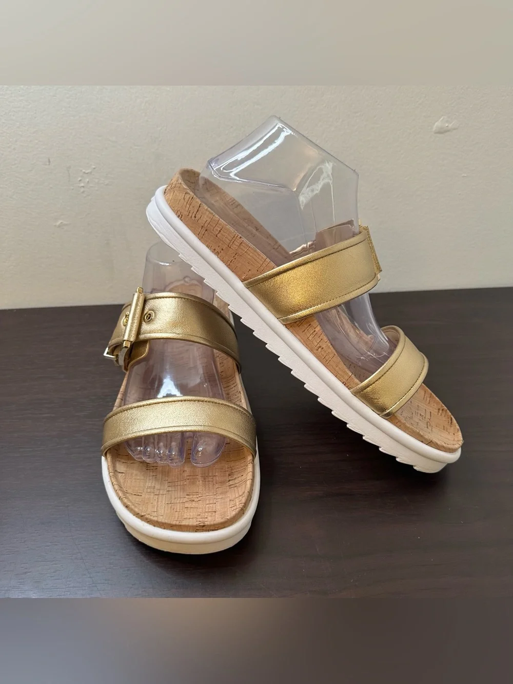 Michael Kors Colby Gold Leather Slide Sandals Buckle Cork Footbed Women's 11